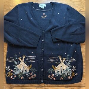 Vintage Black Cardigan with Giraffe Embroidery, Black Shell, Grandmacore, Size M